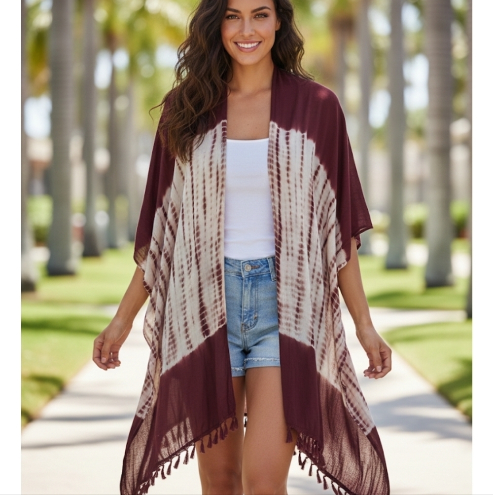 Quagga Boho Shibori Fringe Open Front Kimono Coverup OS